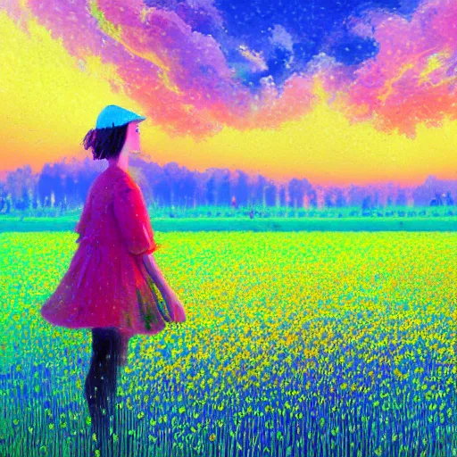 Image similar to vast flower face, girl standing in a flower field, surreal photography, sunrise dramatic light, impressionist painting, colorful clouds, digital painting, pointillism, artstation, simon stalenhag