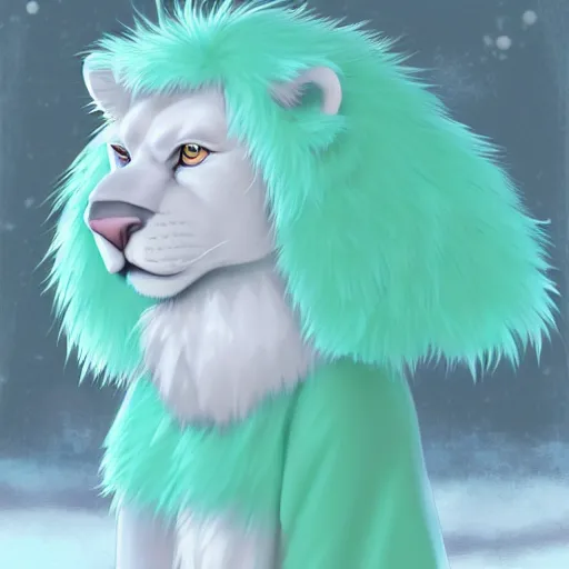 Image similar to aesthetic portrait commission of a albino male furry anthro lion wearing a cute mint colored cozy soft pastel winter outfit, winter atmosphere. character design by chunie, kristakeshi, sigmax