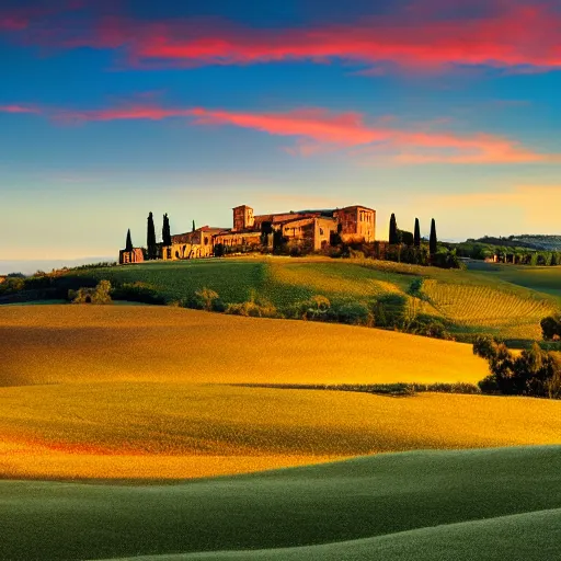 Prompt: landscape of Tuscany, golden sunset, castle in the distance, warm light, romantic setting