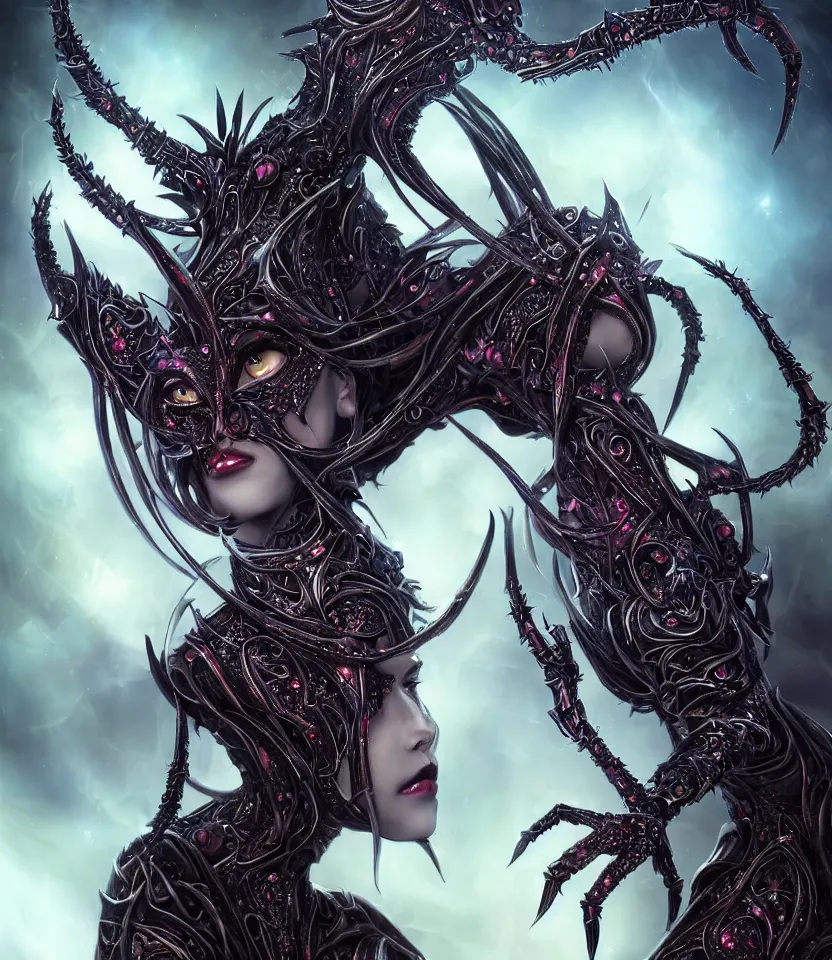 Image similar to close up portrait on the enchanting femenine queen of the zerg, hyper attractive, seductive, very complex, hyper-maximalist, overdetailed, legendary cinematic, darkfantasy, archetype with timeless beauty breathtaking eyes, her spider like legs spread evenly around her framing the image, collossal alien ship in the sky behind her, highly intricate, digital art, very elegant, HDR 8K, biblical art, realism, incomprehensible yet perspicious detail, unbeatable quality, silent hill aesthetic, photorealistic, lifelike, DSLR 8k, unbeatable coherency, Omnious intricate, octane render, created Nixeu & z--ed from deviantart