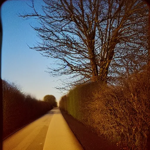 Prompt: Beautiful cameraphone, soft liminal Photograph of an estate road at early morning, hedge