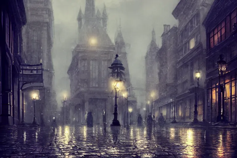 Image similar to beautiful serene victorian city, gaslight, rain, low angle, wide angle, artstation