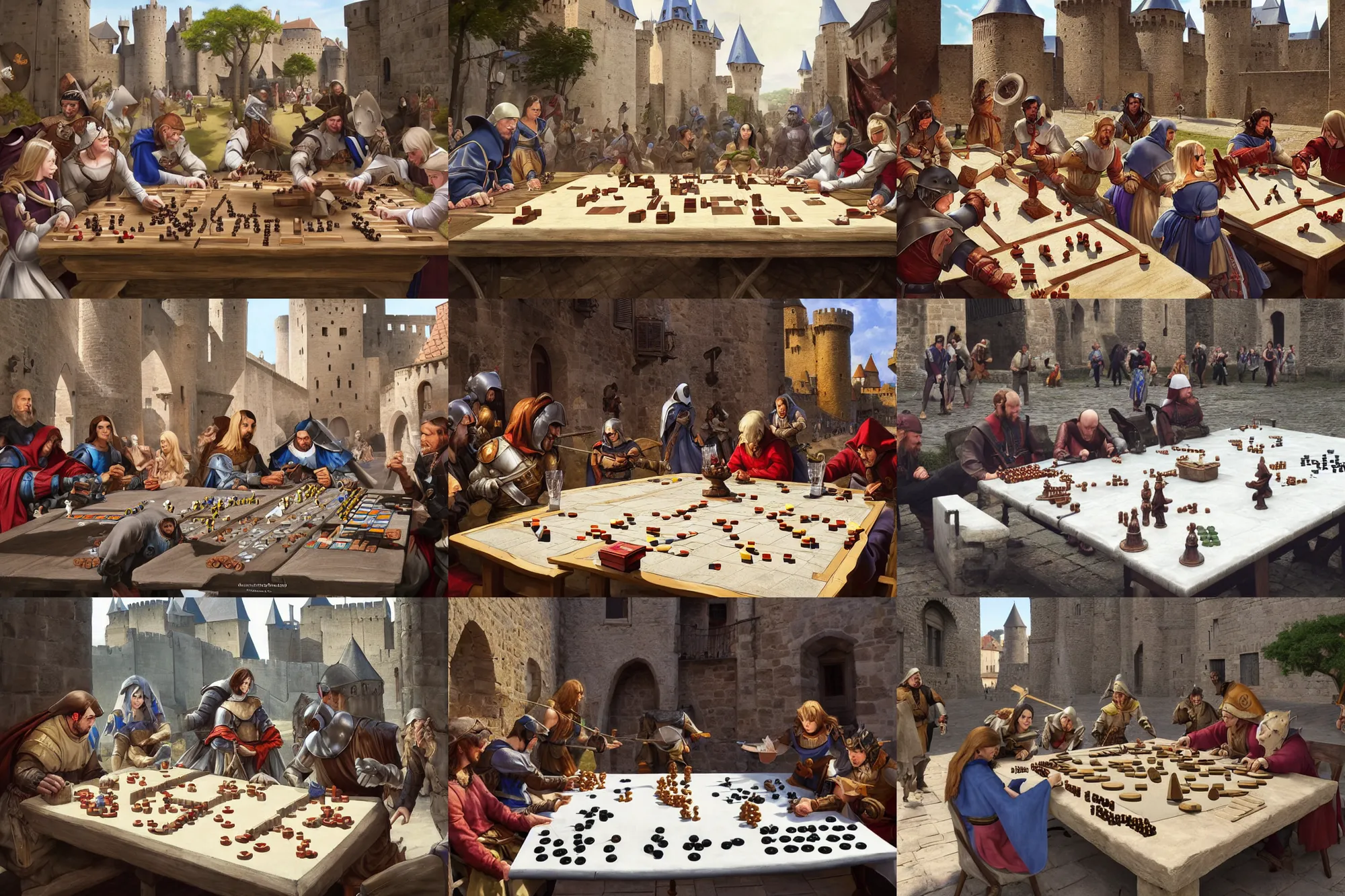 Prompt: medieval people playing dieces in city of carcassonne, there are few plain white shields on the same table they are using to play dices by stanley artgerm lau, wlop, rossdraws, frank frazetta, andrei riabovitchev, marc simonetti, tranding on artstation