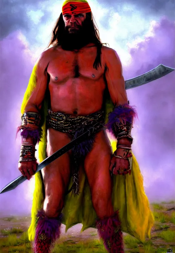 Image similar to a solitary macho man randy savage wearing a colourful heavy cloak alone full body rocky desolate wasteland | portrait | fantasy impressionist oil painting | matte painting | matte drawing | middle earth | pathfinder | featured on artstation deviant art | sword and sorcery | pintrest | conan | darksun | d & d dungeons and dragons | barbarian