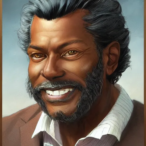 Image similar to portrait of a treasure hunter, dark skinned, grizzled man smiling brightly, in his 5 0 s with dark hair and sharp cheekbones, dressed in expensive clothes, detailed face, smooth, sharp focus, graphic novel, art by artgerm and greg rutkowski and pepe larraz,