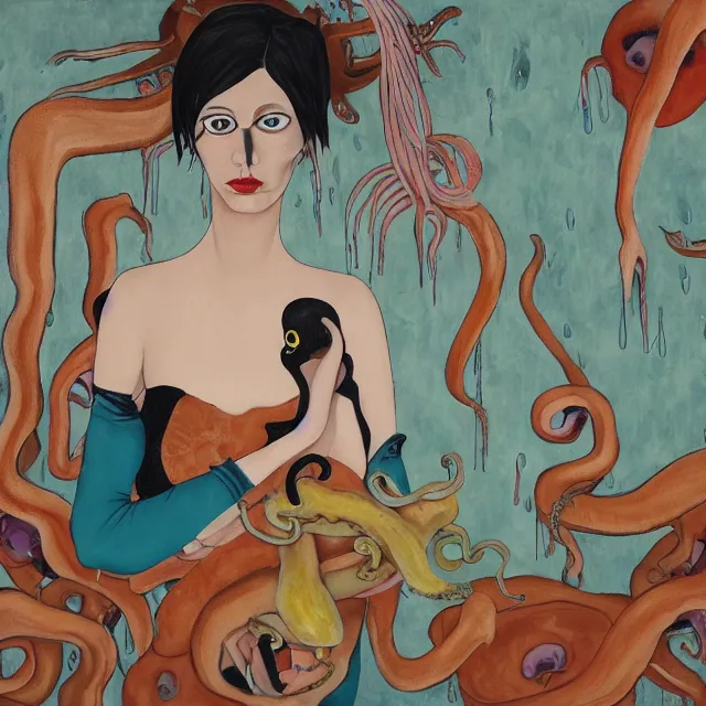 Prompt: tall female emo artist holding an octopus in a flooded cafe, octopus, water gushing from ceiling, painting of flood waters inside a cafe, a river flooding indoors, pomegranates, pigs, ikebana, water, octopus, river, rapids, waterfall, black swans, canoe, berries, acrylic on canvas, surrealist, by francesco clemente