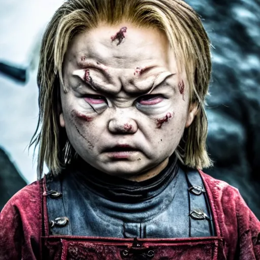 Image similar to justin sun as chucky in game of thrones, 4 k, epic, cinematic, focus, movie still, fantasy, serious, extreme detail, atmospheric, dark colour, sharp focus