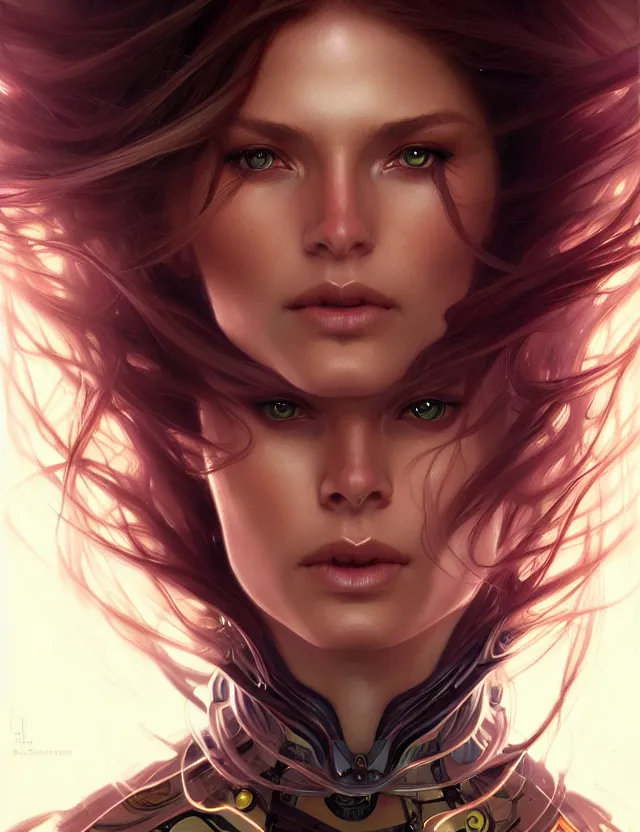 Image similar to futuristic woman portrait, sci-fi, amber eyes, face, long hair, fantasy, intricate, elegant, highly detailed, digital painting, artstation, concept art, smooth, sharp focus, illustration, art by artgerm and greg rutkowski and alphonse mucha