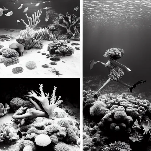 Image similar to medium format photograph of a surreal fashion shoot underwater with tropical fish and coral reefs and electricity