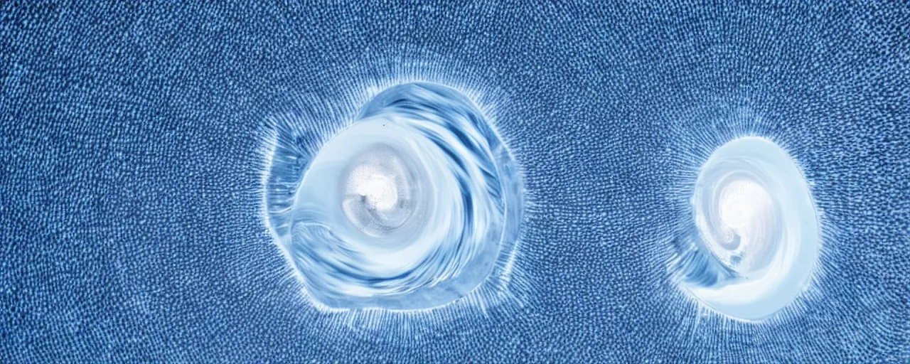 Image similar to drop of water in space, a swirling internal rotational force pushes the water outward, extreme close - up