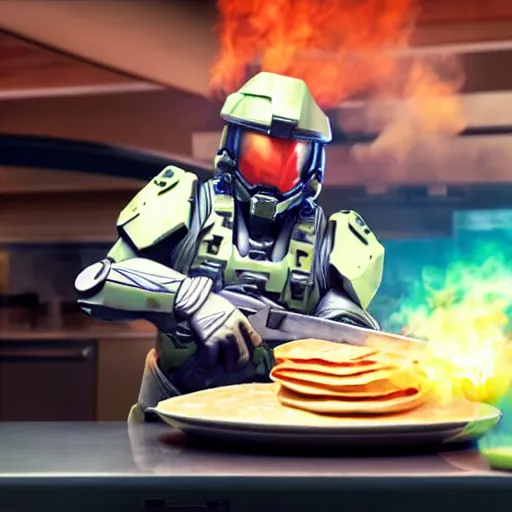 Image similar to master chief wearing a chef hat cooking a stack of pancakes hyper real, 8k, colorful, 3D cinematic