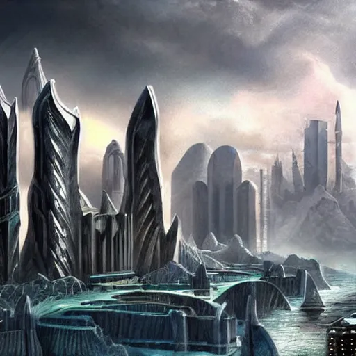 Image similar to fantasy rendering of art deco brutalist city atlantis rising, torrent, maelstrom, chiseled formations, atmospheric, ambient, frost, matte painting