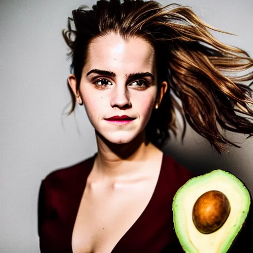 Image similar to portrait photograph of emma watson an an avocado