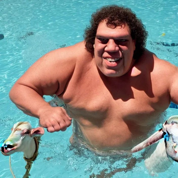 Prompt: cyborg andre the giant wearing a sequin speedo and jumping in the pool with a goat from the movie bill & ted's excellent pool party, movie still, 8 k, realistic