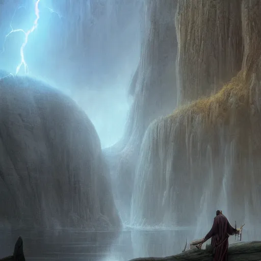 Image similar to a beautiful detailed realistic matte painting of close - up of a magical wizard looking towards a serene landscape with an eerie dark magic lightning portal to another dimension, by john howe and alexander skold and andreas rocha. vray, raytracing, detailed lighting, volumetric lighting, cinematic lighting, very wide shot, f 8