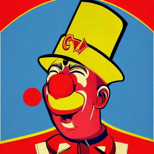 Prompt: communist clown, soviet propaganda, vivid colors, poster art style, detailed image, red, yellow, cyan, detailed lines, portrait