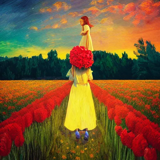 Image similar to girl with a giant carnation head, surreal photography, flower field, sunset dramatic light, impressionist painting, colorful clouds, blue sky, digital painting, artstation, simon stalenhag