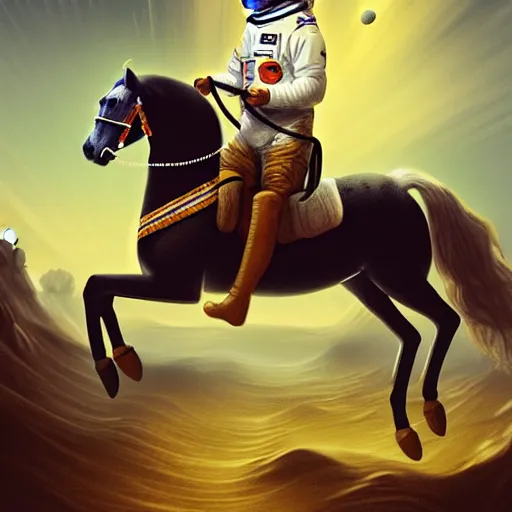 Image similar to a man with a horse nask on his head is riding on astronaut, fine details, concept art