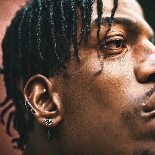 Prompt: A renaissance painting of Travis Scott, close up, portrait, album cover, shallow depth of field, 40mm lens, gritty, textures