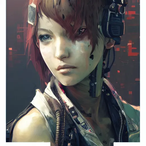 Image similar to highly detailed portrait of a post-cyberpunk young lady by Akihiko Yoshida, Greg Tocchini, 4k resolution