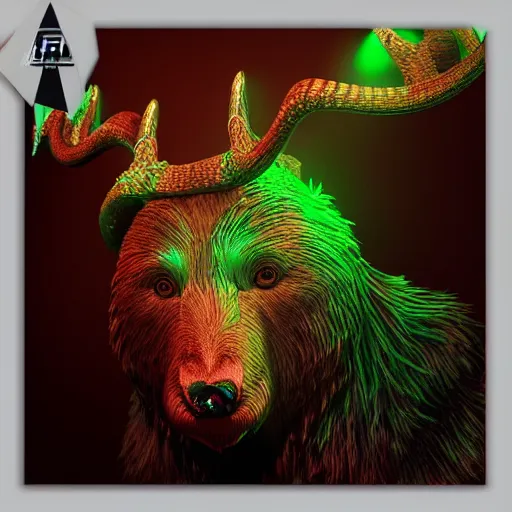 Image similar to photorealistic celtic antlered bear. hyperdetailed photorealism, 1 0 8 megapixels, amazing depth, glowing rich colors, powerful imagery, psychedelic overtones, 3 d finalrender, 3 d shading, cinematic lighting, artstation concept art