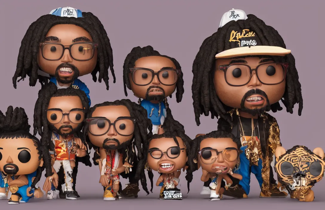 Image similar to funko pop of rap group migos members quavo, offset and takeoff, product shot, macro, hyper realistic, octane render, unreal engine, 4 k, 8 k