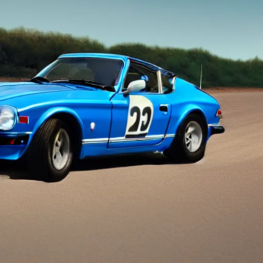 Image similar to a photorealistic image of a blue 1975 Datsun 260Z