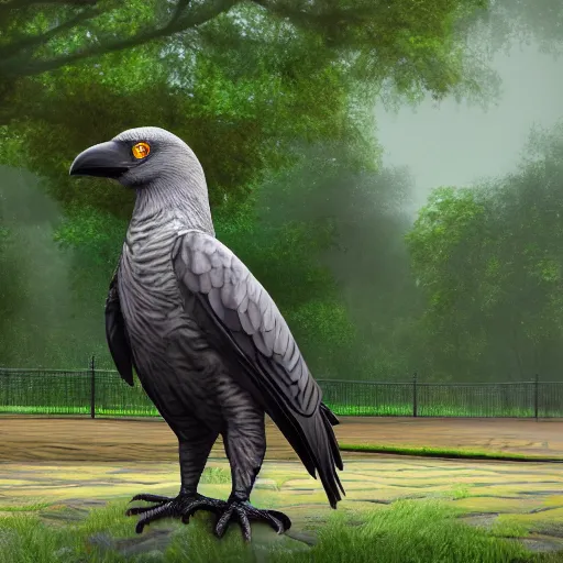 Image similar to a big friendly jungle crow in a park in a rainy day, digital painting, ultra detailed, unreal engine 5