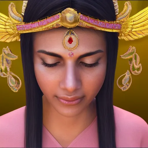 Image similar to a beautiful indian athletic slim female has a halo floating over her head like she was a holy person, the halo was made by a jeweler with gold with intricate details, unreal engine 5