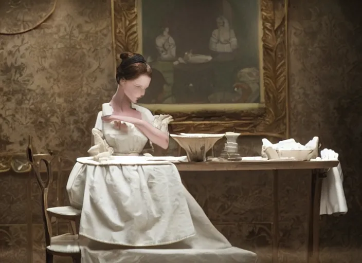 Prompt: movie still of a woman made out of porcelain sitting at a table, smooth white skin, directed by Guillermo Del Toro