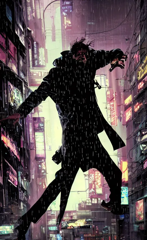 Image similar to Grizzled Trenchcoat detective leaping into the rain. Dynamic, delirious, creative panel style by Bill Sienkiewicz. Heavy chromatic abberation. Visual distortion. Sci-Fi cyberpunk Comic page made up of art by the best artists Trending on Artstation. Octane render, Raytracing, 3d masterpiece, fantastic lighting by James Gurney. Noir detective genre.