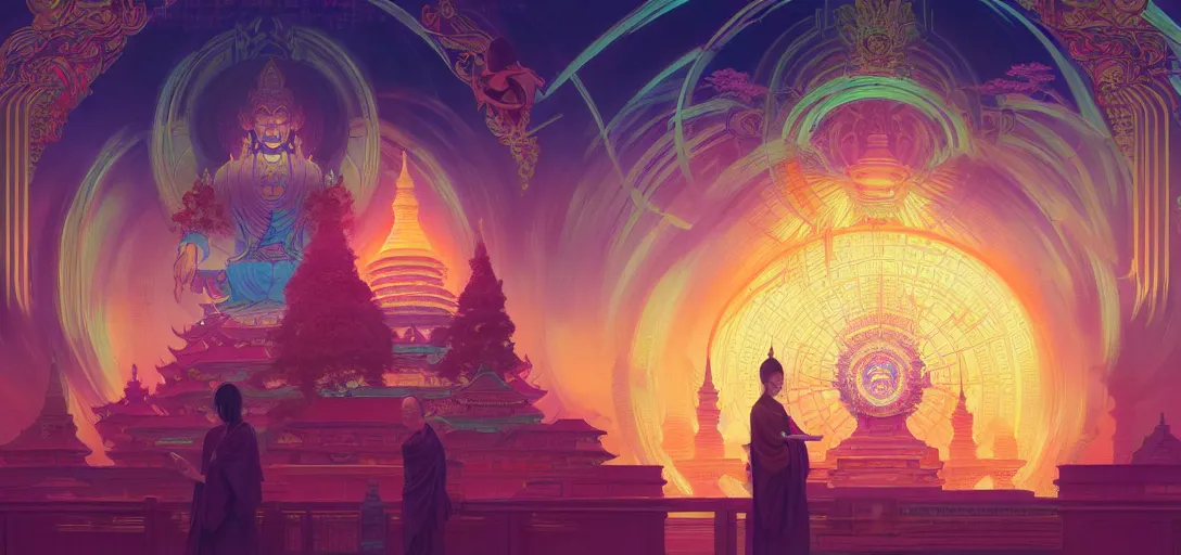 Image similar to a buddhist temple, netrunner accents, vaporwave aesthetic, colorful, psychedelic, digital painting, artstation, concept art, smooth, sharp focus, illustration, art by artgerm and greg rutkowski and alphonse mucha