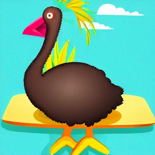 Image similar to cute digital illustration of a dodo bird surfing. super cute. tropical. colorful.