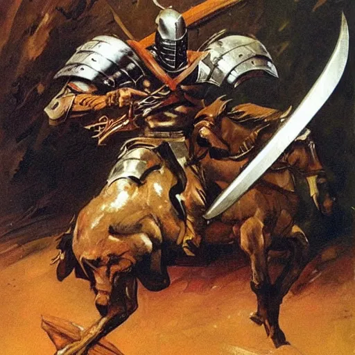 Image similar to a knight raising his sword painted by frank frazetta