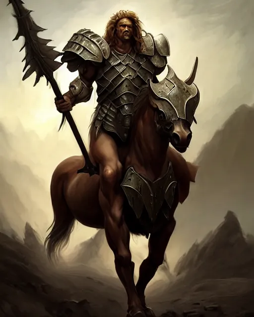 Image similar to centaur centaur centaur chimera :: Paladin, fearsome, beautiful, DnD character art portrait, mythical creature, human male chest and head with horse body, plate armor, matte fantasy painting, DeviantArt Artstation cgscosiety, by Jason Felix by Steve Argyle by Tyler Jacobson by Peter Mohrbacher, cinematic lighting, 8k.