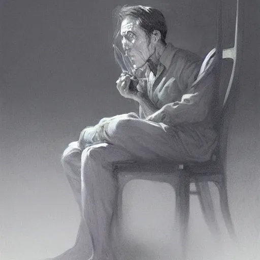 Image similar to a highly detailed epic cinematic concept art CG render digital painting artwork costume design: Henry Fonda as a 1950s tired disillusioned poet, barefoot, smoking one cigarette. volumetric lighting. By Greg Rutkowski, in the style of Francis Bacon and Syd Mead and Norman Rockwell and Beksinski, great attention to proper perfect anatomy, highly detailed, painted by Francis Bacon and Edward Hopper, painted by James Gilleard, surrealism, airbrush, Ilya Kuvshinov, WLOP, Stanley Artgerm, very coherent, triadic color scheme, realistic facial expression, art by Takato Yamamoto and James Jean