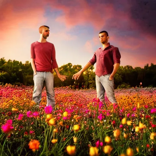 Image similar to a gay couple in their 30s together in a field of flowers at sunset, realistic, intricate, 4k
