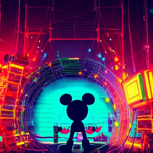 Image similar to people building mickey mouse head, on a scene, cables hanging and a neon logo in the background, beeple daily art, sci fi, cyberpunk