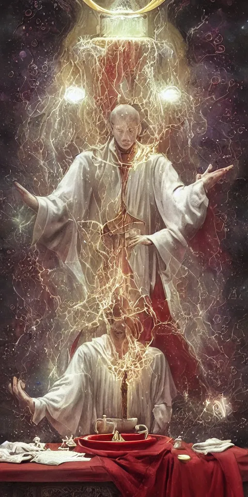 Prompt: tarot card of Magician white robe purity, red cloak, knowledge, table in front with a cup, pentacle, sword and wand – water, earth, air and fire, unlimited potential, flowers, fruition of ideas by framk frazzeta, brom, luis royo, Zdzisław Beksiński and thu berchs James Gurney unreal engine, Trending on artstation.