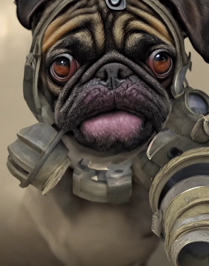 Image similar to a dog pug wearing a gas mask, intricate artwork by artstation. octane render, cinematic, hyper realism, 8k, depth of field.