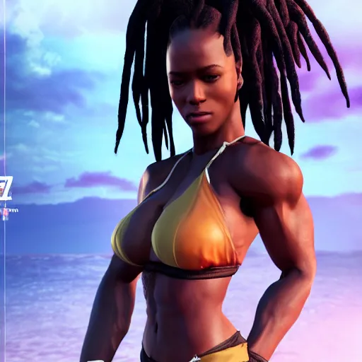 Image similar to 3 d render of a full female body, a very attractive black woman with long dreadlocks, stoic face, chiseled abs, wearing fitness gear, dead or alive 6, tekken 7, rumble roses, thick legs, highly detailed, artstation, super realistic, unreal engine