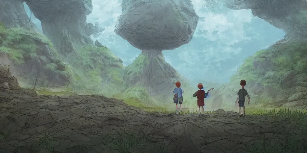 Image similar to highly detailed cell - shaded cartoon landscape with two boys looking at a miniature alien creature 1 9 7 0 s science fiction, moody, misty, depth perception, 4 k, artstation, in the style of studio ghibli