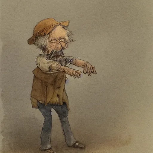 Image similar to a muted color watercolor sketch of a old man little person dancing from story book character ifrom the book Baltimore & Redingote by Jean-Baptiste Monge of an old man in the style of by Jean-Baptiste Monge that looks like its by Jean-Baptiste Monge and refencing Jean-Baptiste Monge