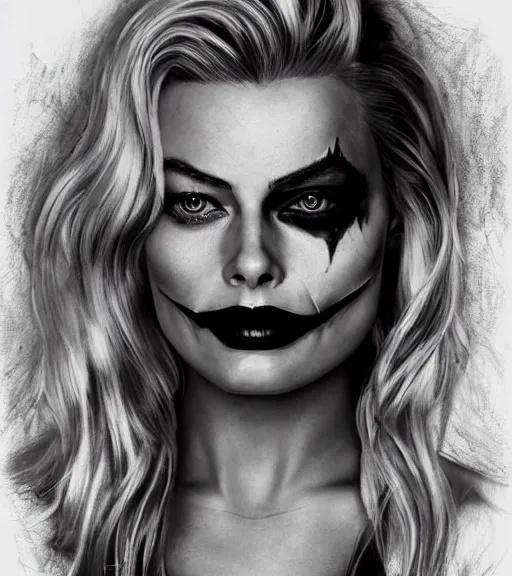 Image similar to photographic still of the beautiful margot robbie portrait with joker makeup, in the style of den yakovlev, realistic face, black and white, realism tattoo, hyper realistic, highly detailed, award winning drawing