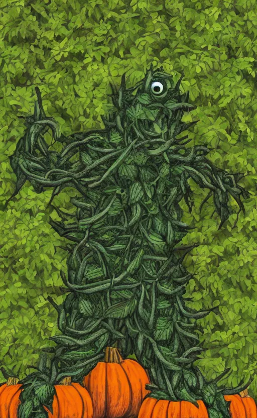 Prompt: a pumpkin monster but it's body is made out of vines and weeds, full body portrait