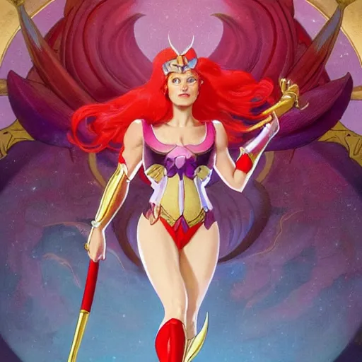 Image similar to Ariel as She-Ra in the Master of Universe, highly detailed, digital painting, artstation, concept art, smooth, sharp focus, illustration, ArtStation, art by artgerm and greg rutkowski and alphonse mucha and J. C. Leyendecker and Edmund Blair Leighton and Katsuhiro Otomo and Geof Darrow and Phil hale and Ashley wood and Ilya repin and Charlie Bowater