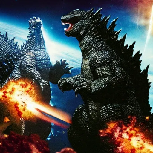 Image similar to Godzilla fighting Jesus Christ in Space