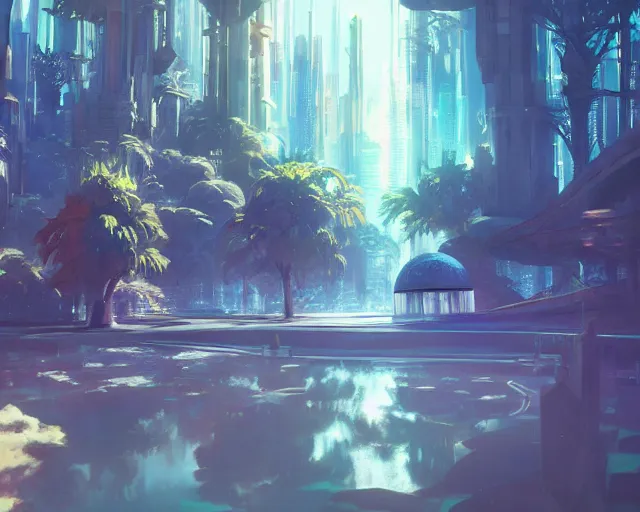 Image similar to scenery artwork, scene beautiful, light!! light essential futuristic city world and nature vegetation with daylight, surrealism oil on canvas, artstation!! pixiv!! dream scenery, quality astral projection render, nier automata concept art, vaporwave textures