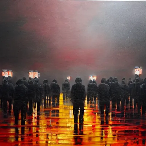 Image similar to end of war, red flags, dark, dark colors, 3 soldiers, foggy scene, oil painting, japan