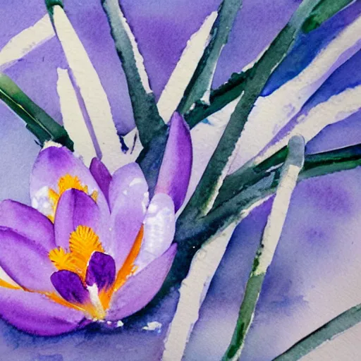 Prompt: Crocus in the snow, watercolors